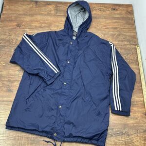 Vintage Adidas Parka Hood Jacket Womens XL‎ Blue White 3 Stripe Logo Full Zip